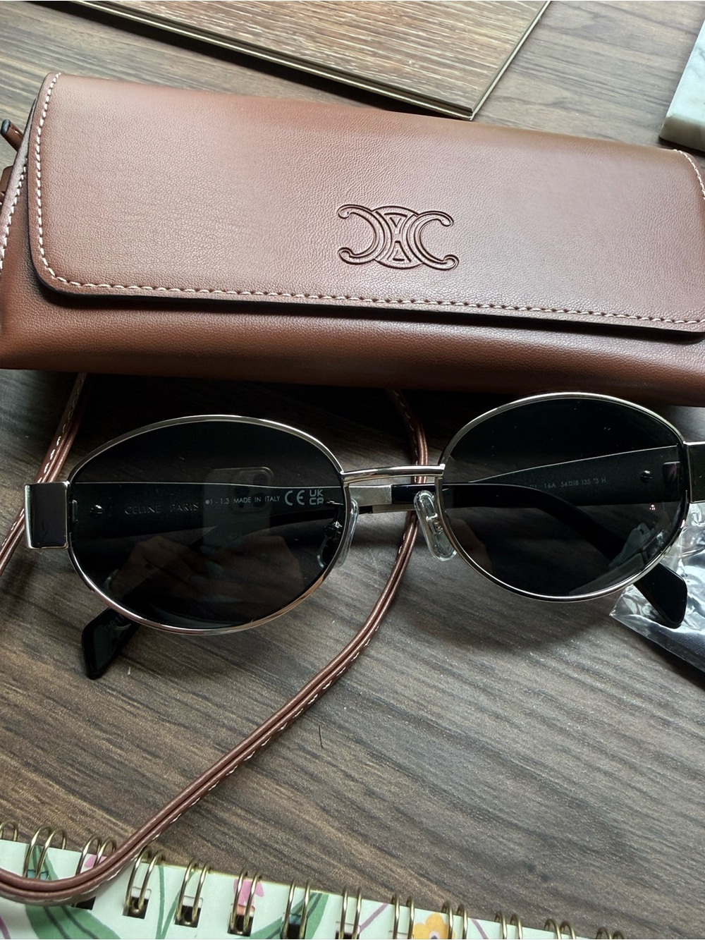 Celine Black Lens Oval Sunglasses with Brown Leather Case Silver